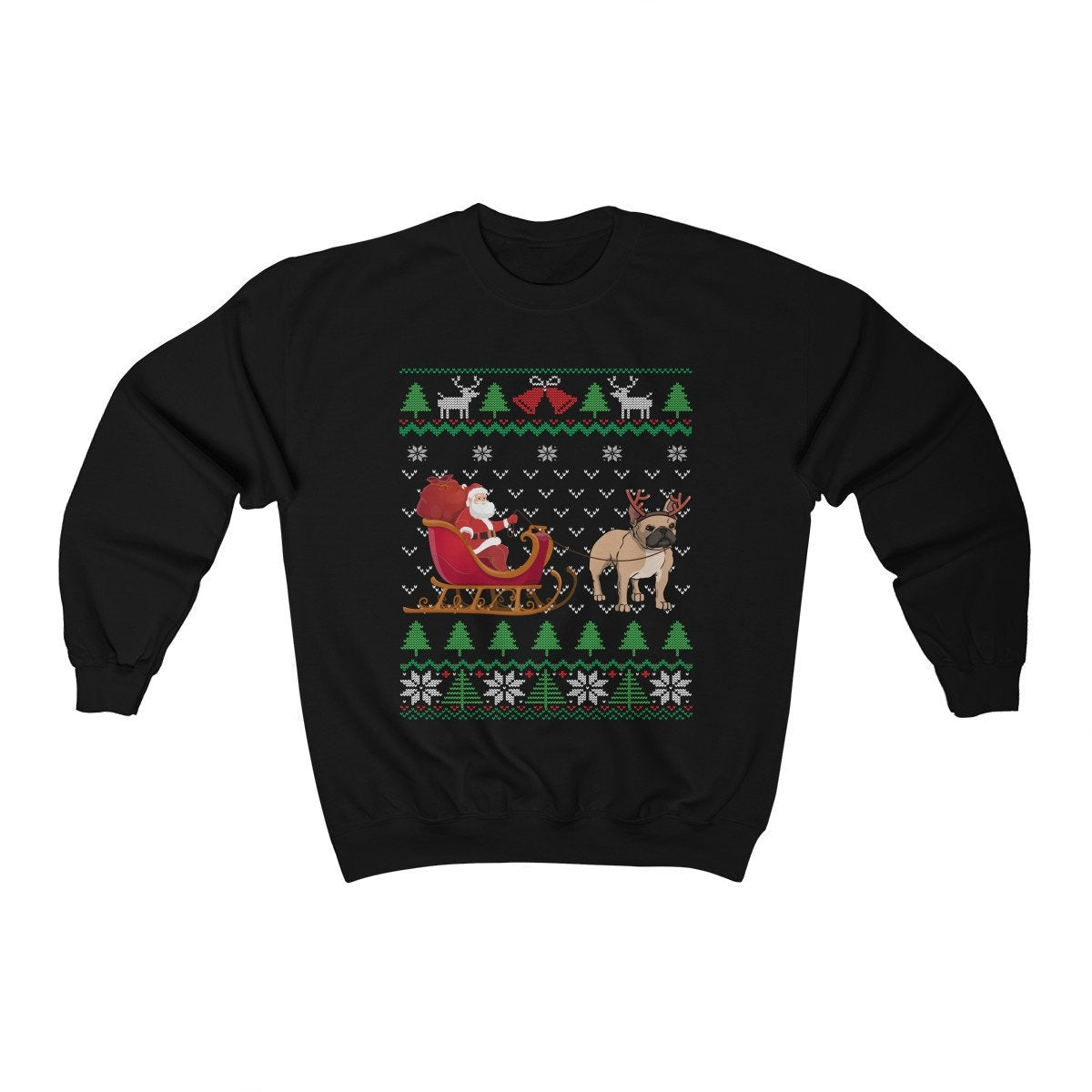 Frenchie Pulling Santa's Sleigh | Funny French Bull Dog Themed Ugly Christmas Sweatshirt | French Bulldog Lover Gift | Frenchie Owner Shirt