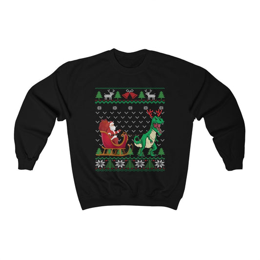 Dinosaur Pulling Santa's Sleigh | Funny T-rex Themed Ugly Christmas Sweatshirt | Tyrannosaurus Rex Gift | Dino Lover Shirt