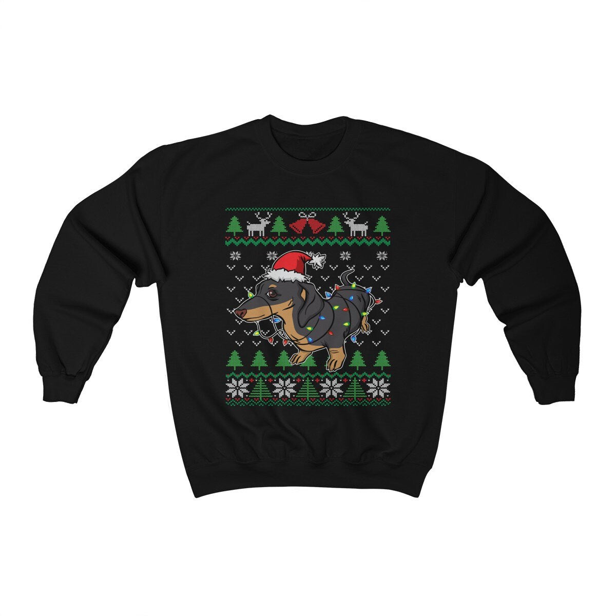 Cute Dachshund Ugly Christmas Sweatshirt, Dachshund Santa Hat Wrapped in Christmas Lights, Funny Wiener Dog Lover & Owner Gift Shirt