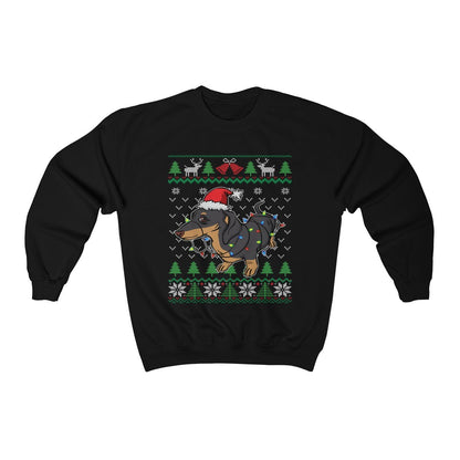 Cute Dachshund Ugly Christmas Sweatshirt, Dachshund Santa Hat Wrapped in Christmas Lights, Funny Wiener Dog Lover & Owner Gift Shirt