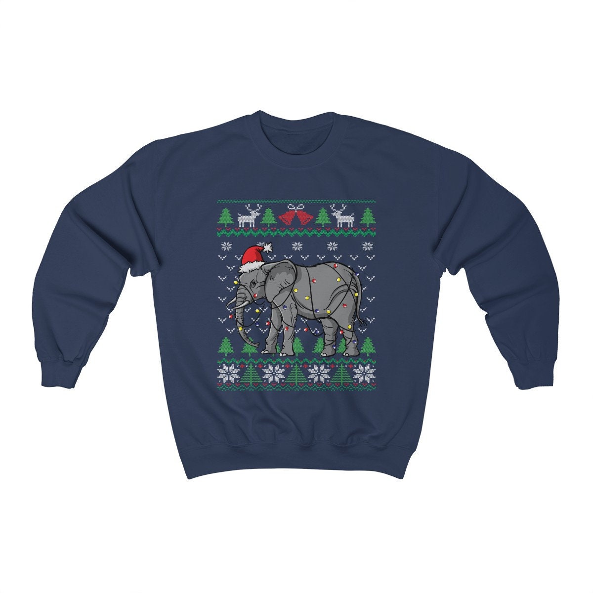 Cute Elephant Ugly Christmas Sweatshirt, Elephant Santa Hat Wrapped in Christmas Lights, Funny African Wildlife Elephant Lover Gift Shirt