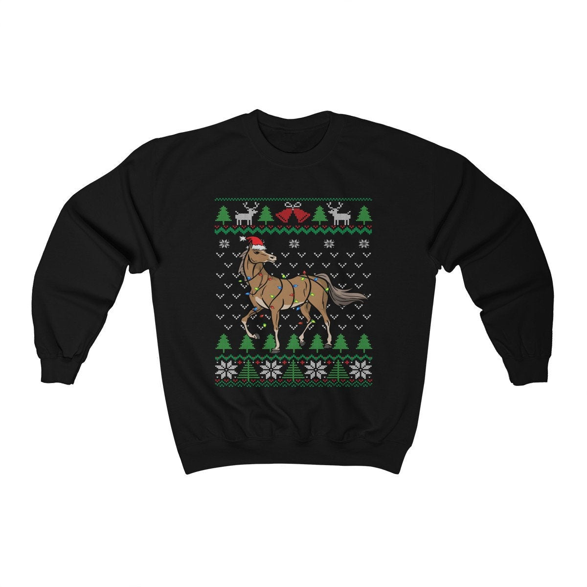 Funny Horse Ugly Christmas Sweatshirt, Horse Santa Hat & Christmas Lights, Horse Lover Equestrian Horseback Riding, Farmer Gift, Unisex