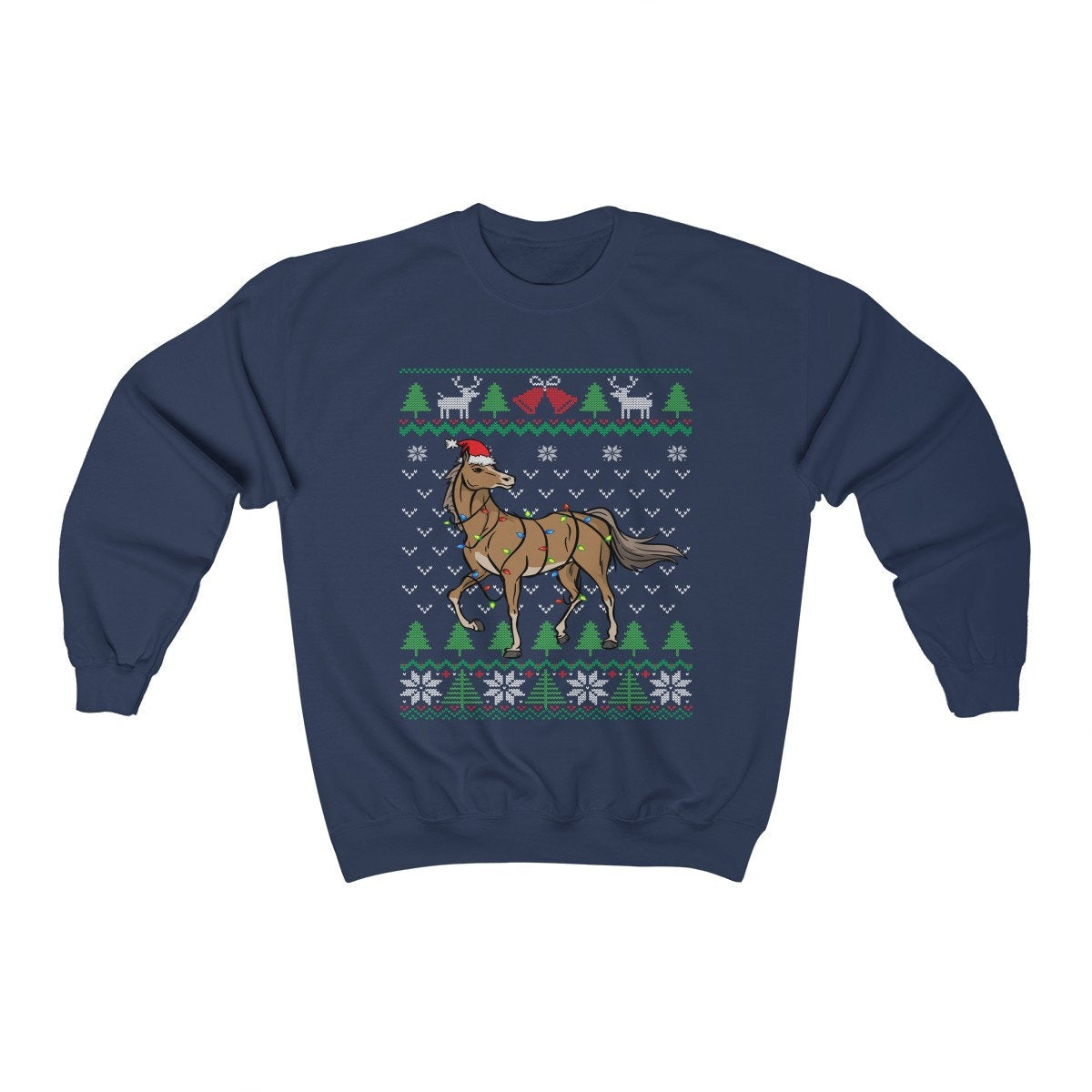 Funny Horse Ugly Christmas Sweatshirt, Horse Santa Hat & Christmas Lights, Horse Lover Equestrian Horseback Riding, Farmer Gift, Unisex