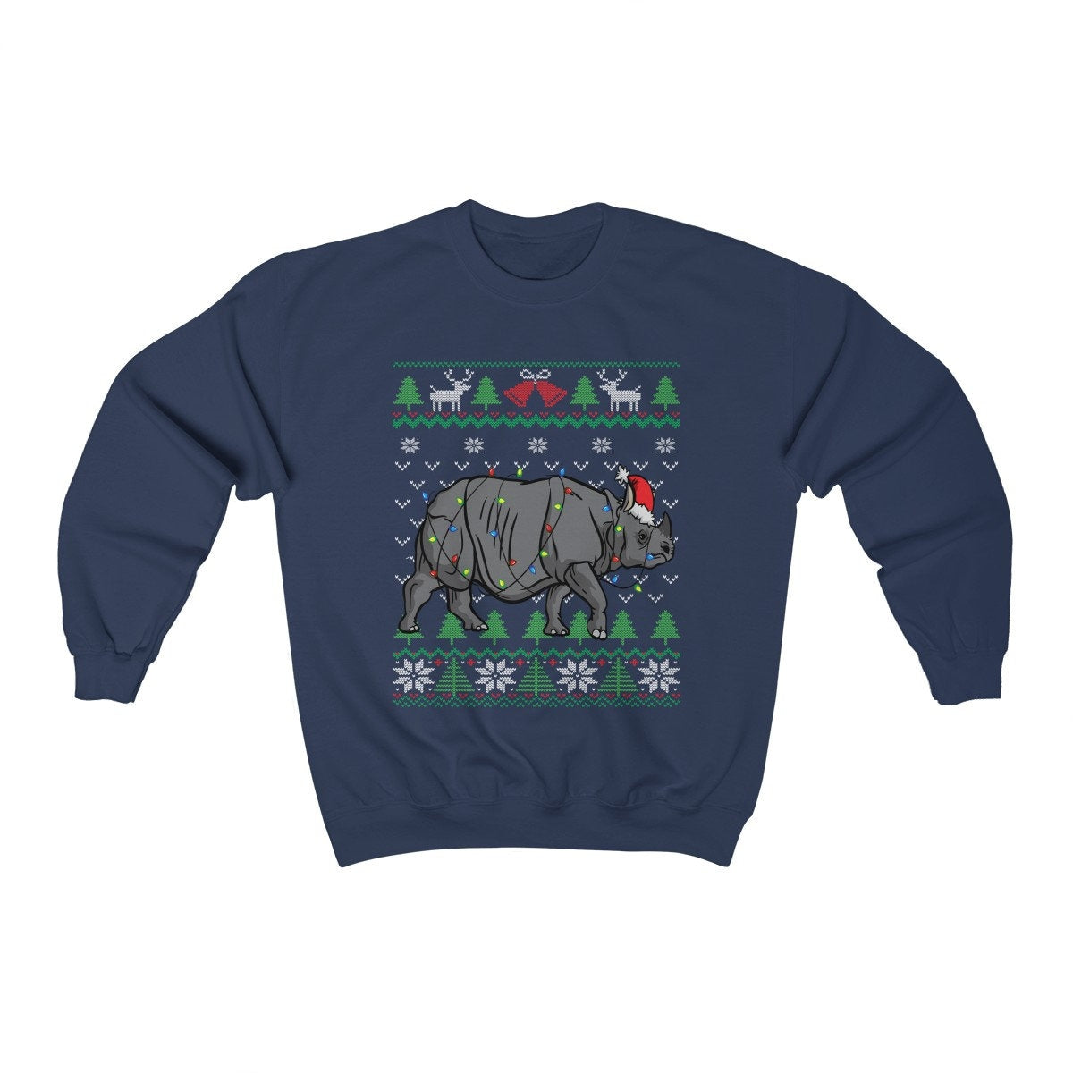 Rhino Themed Ugly Christmas Sweatshirt, Rhino Santa Hat Wrapped in Christmas Lights, Rhinoceros Shirt, Funny African Wildlife Lover Gift