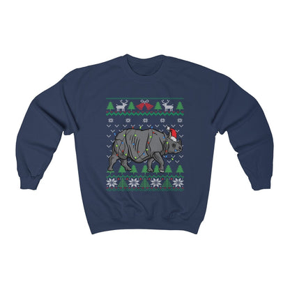 Rhino Themed Ugly Christmas Sweatshirt, Rhino Santa Hat Wrapped in Christmas Lights, Rhinoceros Shirt, Funny African Wildlife Lover Gift