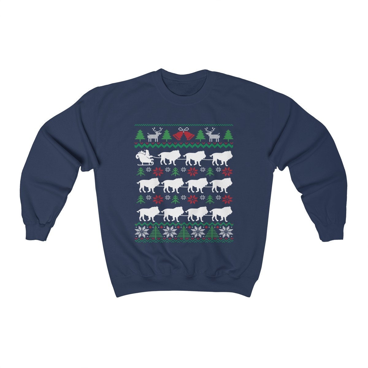 Lions Pulling Santa Sleigh | Funny Lion Themed Ugly Christmas Sweatshirt | African Wildlife Big Cat Lover Gift | Christmas Lion Shirt