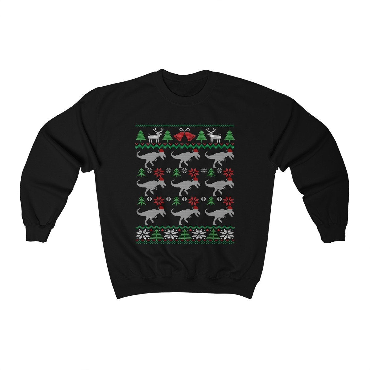 Rows of T-Rex Santa Hat Ugly Christmas Sweatshirt | Funny Dinosaur Xmas Design | Dino Lover Gift | Christmas Tyrannosaurus Rex Shirt