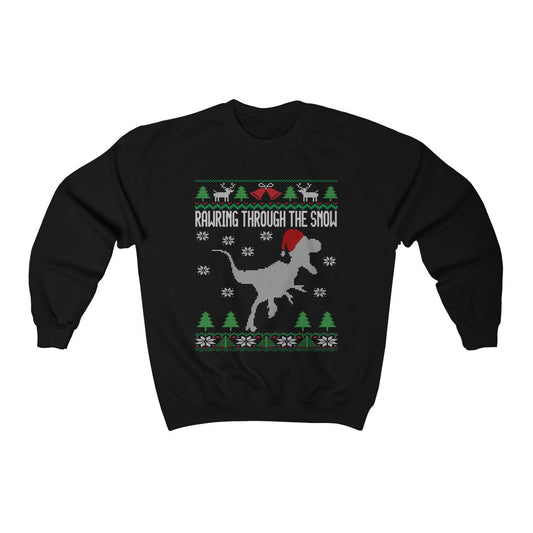 Rawring Through The Snow Raptor Santa Ugly Christmas Sweatshirt | Funny Dinosaur Holiday | Dino Lover Gift | Christmas Velociraptor Shirt