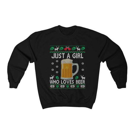 Just a Girl Who Loves Beer Ugly Christmas Sweatshirt | Funny Holiday Beer Shirt | Craft Beer Lover Gift | Brewer Homebrewing Beer Loving Mom