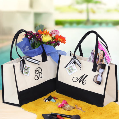 Personalized Monogram Embroidery Cotton Canvas Beach Tote Bag Initial Tote Bridesmaid Gift Tote Custom Beach Bag Gift for Her A-Z - Black