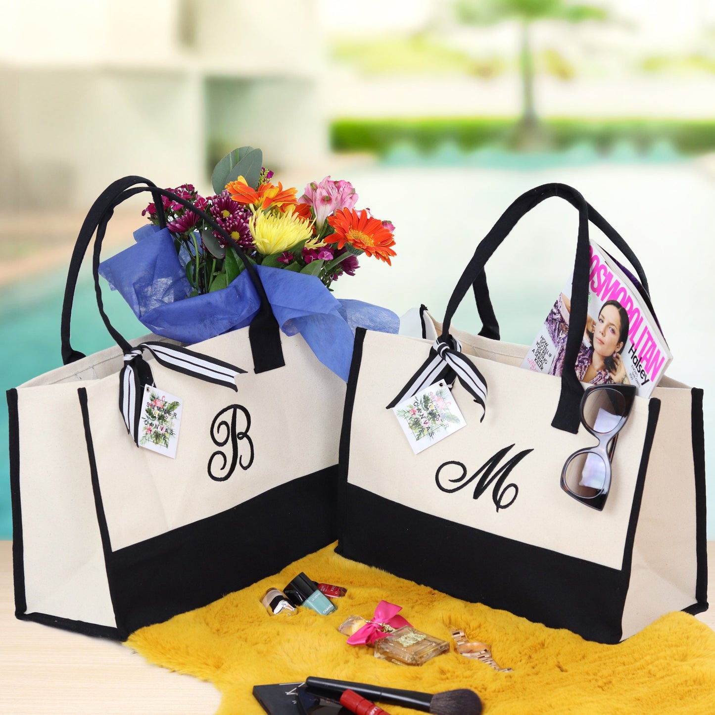 Personalized Monogram Embroidery Cotton Canvas Beach Tote Bag Initial Tote Bridesmaid Gift Tote Custom Beach Bag Gift for Her A-Z - Black