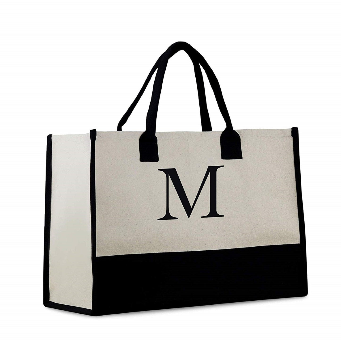 Personalized Monogram Embroidery Cotton Canvas Beach Tote Bag Initial Tote Bridesmaid Gift Tote Custom Beach Bag Gift for Her A-Z - Black