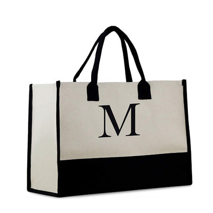 Personalized Monogram Embroidery Cotton Canvas Beach Tote Bag Initial Tote Bridesmaid Gift Tote Custom Beach Bag Gift for Her A-Z - Black