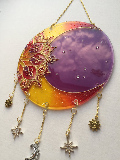 Indie room decor Moon Mandala Sacred geometry Stained glass painting (Violet+yellow)