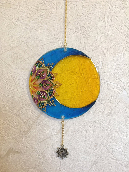 Indie room decor Moon Mandala Sacred geometry Stained glass painting (Violet+yellow)
