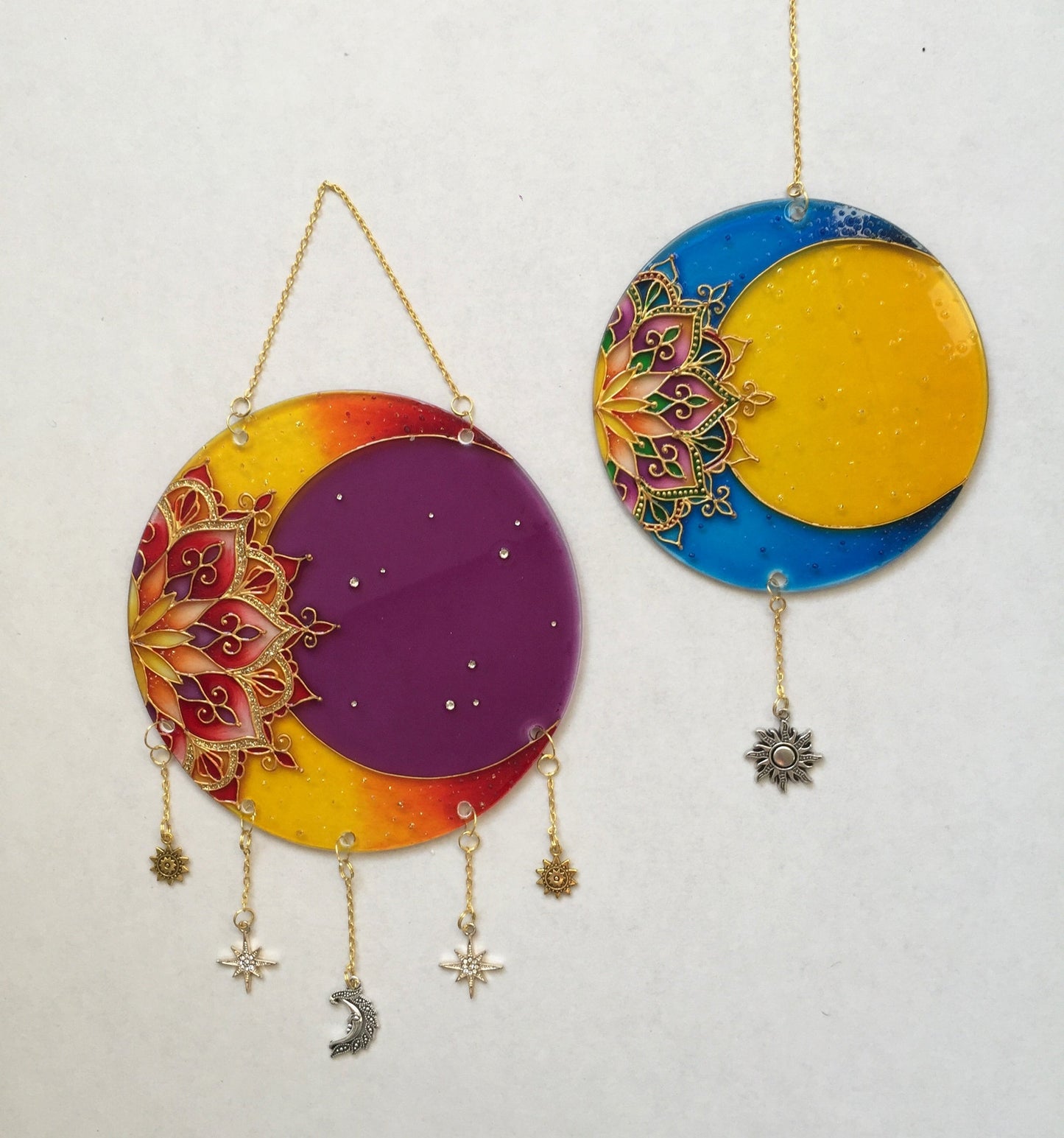 Indie room decor Moon Mandala Sacred geometry Stained glass painting (Violet+yellow)