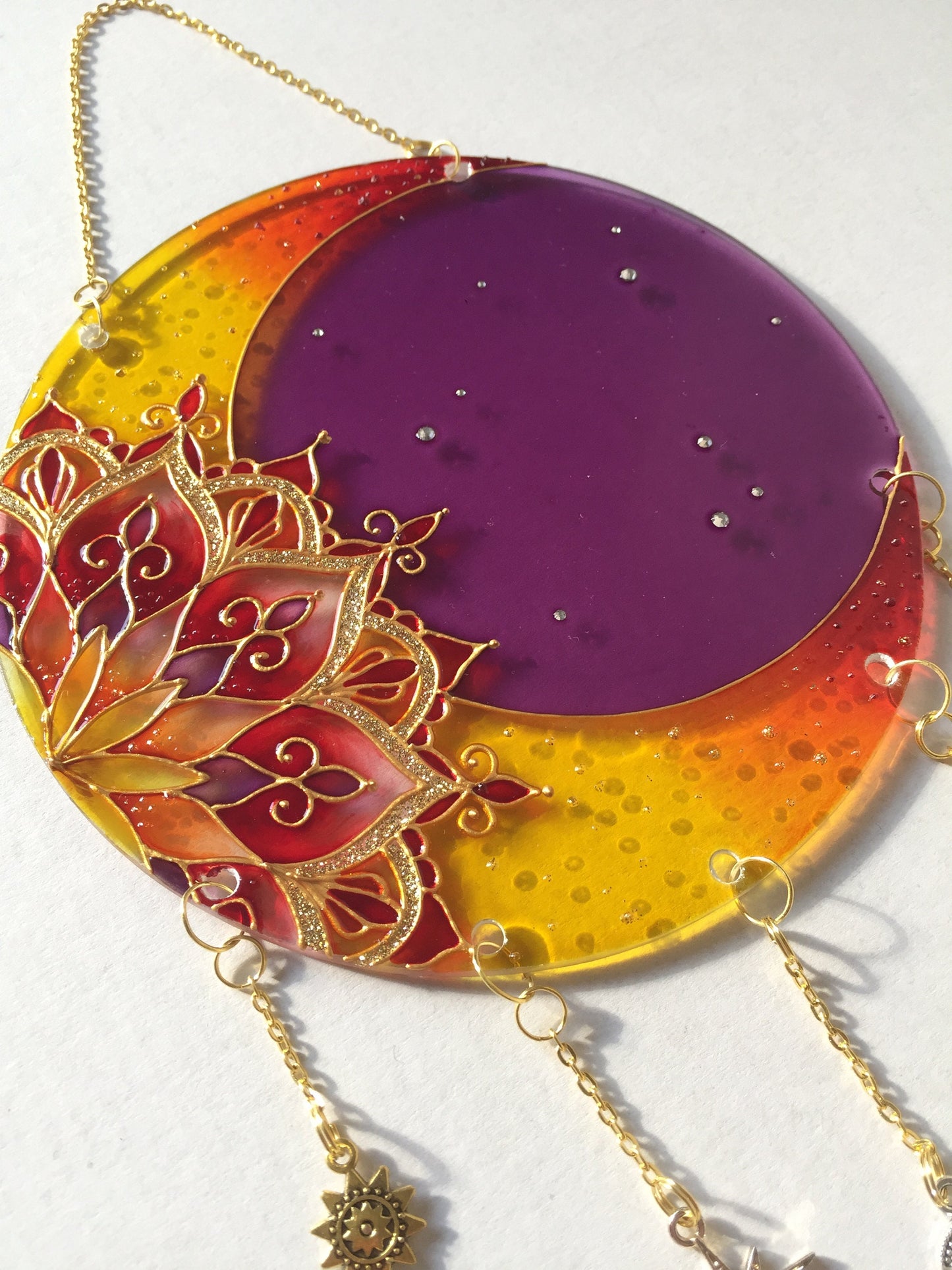 Indie room decor Moon Mandala Sacred geometry Stained glass painting (Violet+yellow)