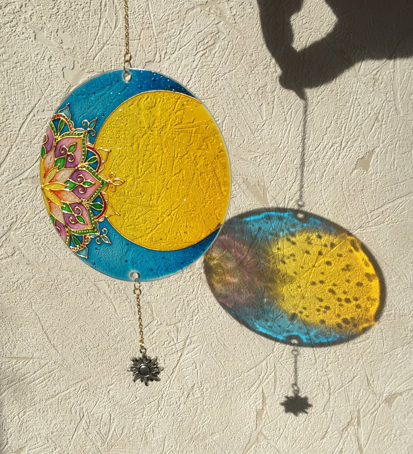 Stained glass suncatcher Moon Mandala decor Sacred geometry for garden for window Painting (blue+yellow)