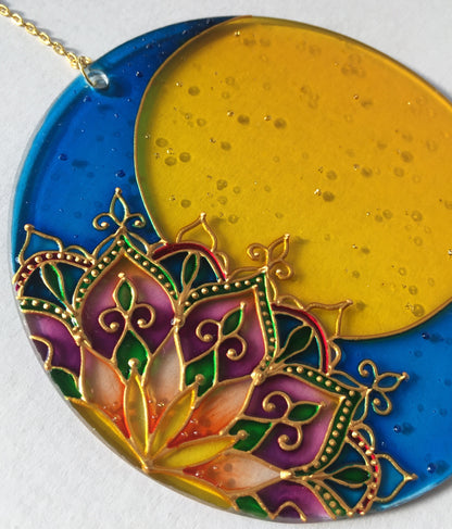 Stained glass suncatcher Moon Mandala decor Sacred geometry for garden for window Painting (blue+yellow)