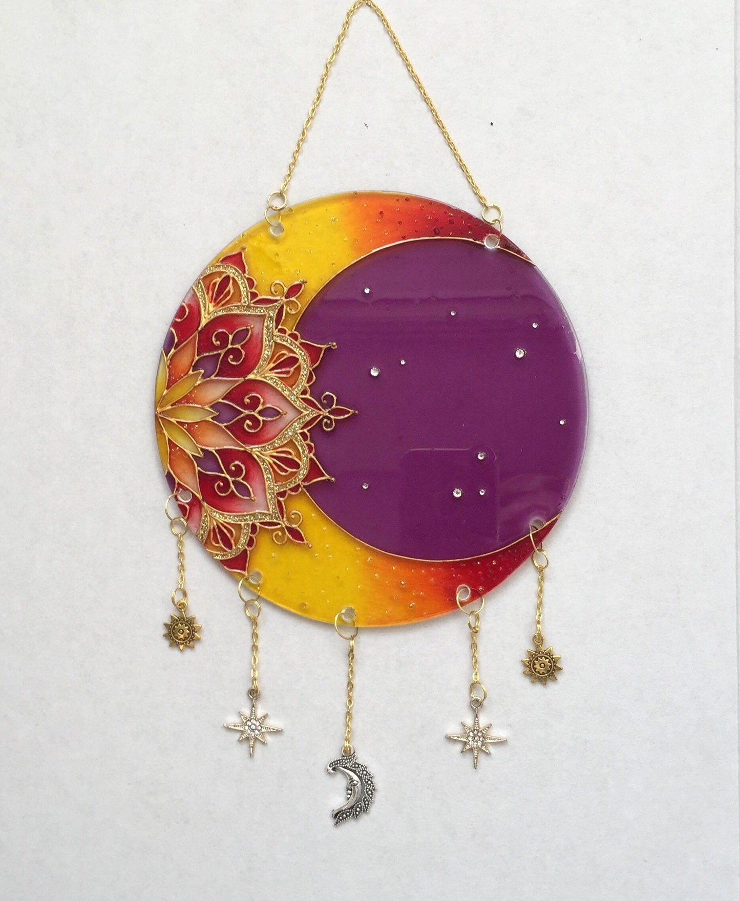 Indie room decor Moon Mandala Sacred geometry Stained glass painting (Violet+yellow)