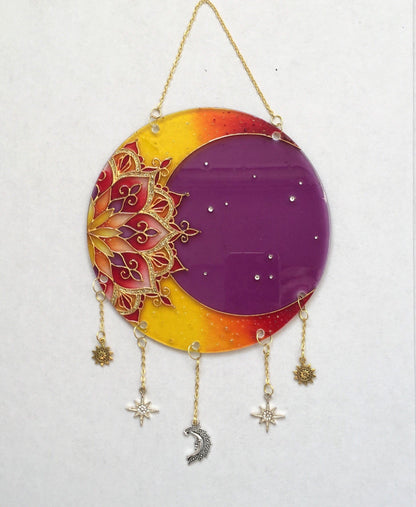 Indie room decor Moon Mandala Sacred geometry Stained glass painting (Violet+yellow)