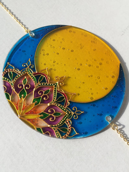 Stained glass suncatcher Moon Mandala decor Sacred geometry for garden for window Painting (blue+yellow)