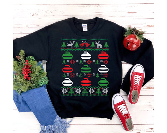Curling Ugly Christmas Sweatshirt | Red White Green Curling Stones | Funny Curler Gift | Curling Team Shirt