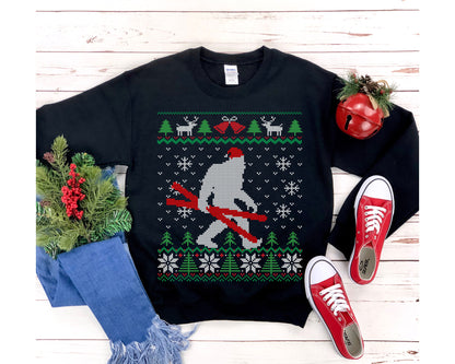 Skiing Ugly Christmas For Skier Santa Hat Sasquatch Shirt Ski Lover Bigfoot Sweatshirt Xmas Gift Present Unisex Crewne