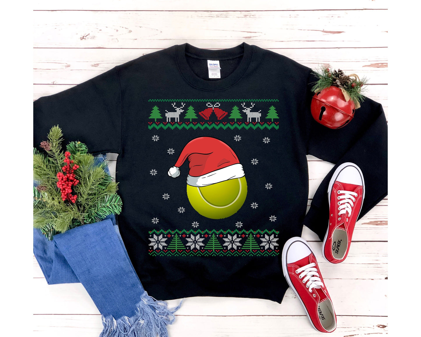 Tennis Ball Santa Hat Ugly Christmas Sweatshirt | Funny Tennis Shirt | Tennis Player Gift | Tennis Coach Mom Dad | Tennis Fan