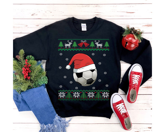 Soccer Ball Santa Hat Ugly Christmas Sweatshirt | Funny Soccer Fan Shirt | Soccer Player Gift | Matching Soccer Team Coach