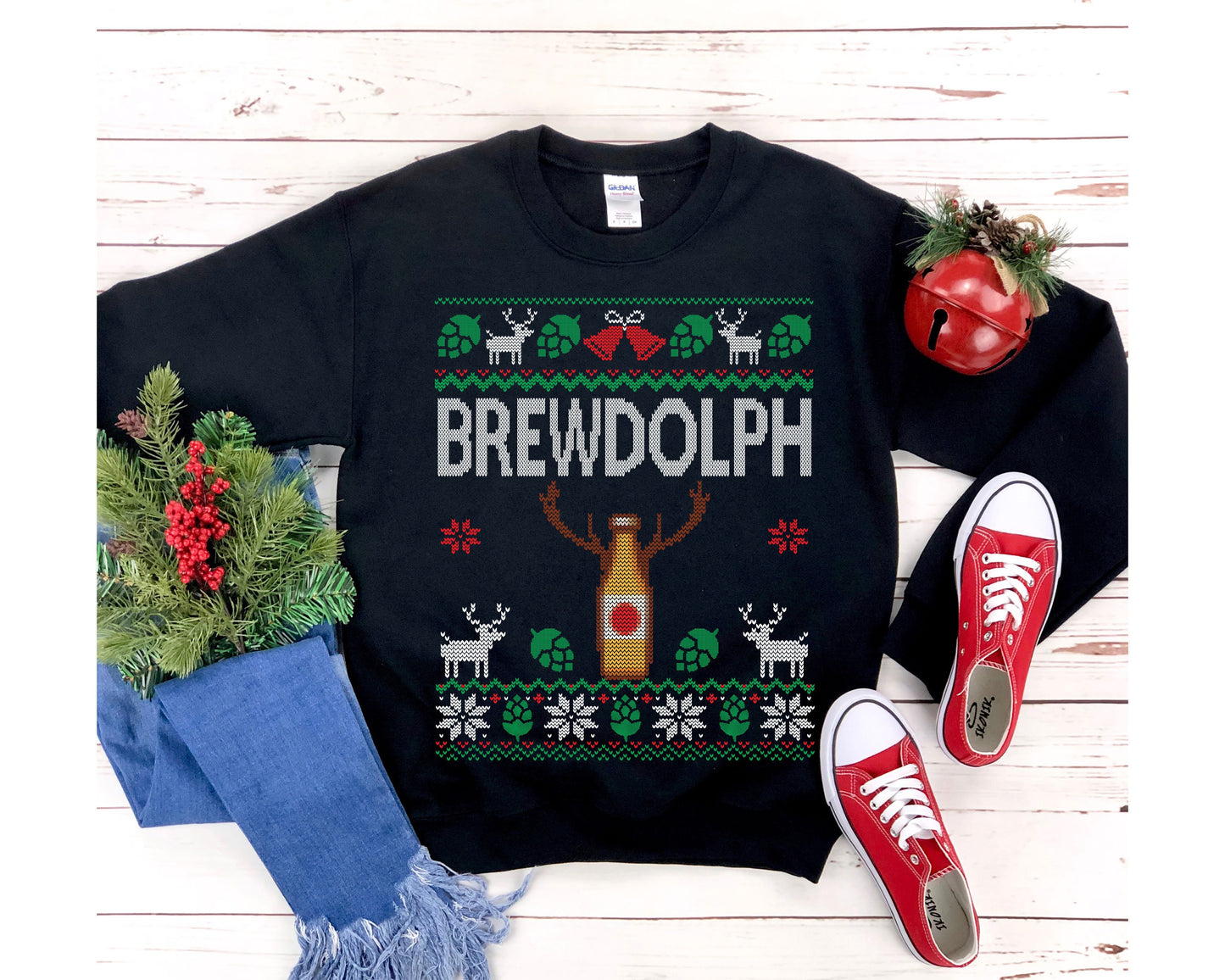 Brewdolph Sweatshirt, Ugly Christmas Beer Sweatshirt, Funny Craft Beer Lover Gift, Home Brewing Long Sleeve Unisex Heavy Blend Crewneck