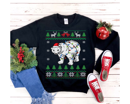 Polar Bear Ugly Christmas Sweatshirt , Polar Bear Santa Wrapped Christmas Lights, Funny Bear Shirt, Christmas Animal Lover Gift