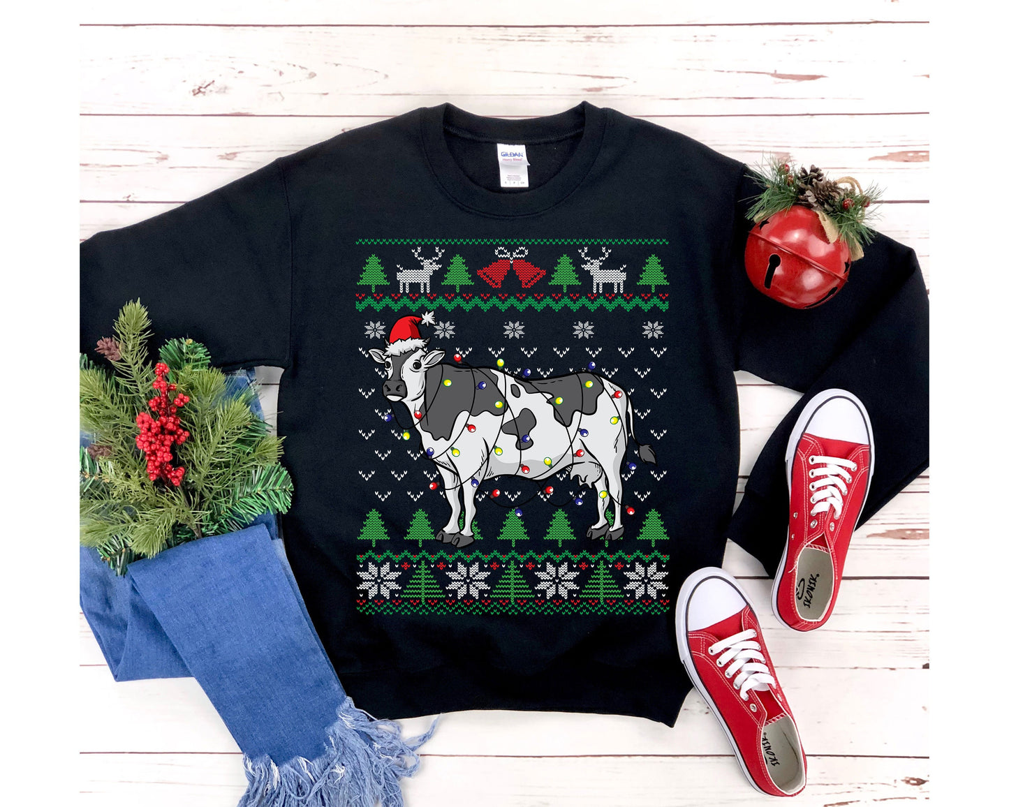 Cow Themed Ugly Christmas Sweatshirt, Cow Santa Hat Christmas Lights Shirt, Funny Milk Cow Lover, Dairy Farmer Family Gift, Farm Mom & Dad