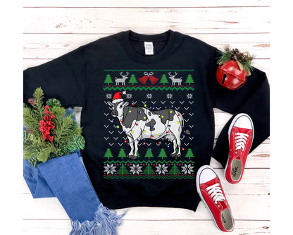 Cow Themed Ugly Christmas Sweatshirt, Cow Santa Hat Christmas Lights Shirt, Funny Milk Cow Lover, Dairy Farmer Family Gift, Farm Mom & Dad