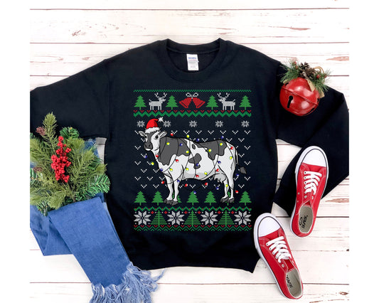 Cow Themed Ugly Christmas Sweatshirt, Cow Santa Hat Christmas Lights Shirt, Funny Milk Cow Lover, Dairy Farmer Family Gift, Farm Mom & Dad