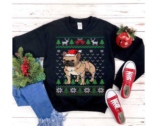 Frenchie Ugly Christmas Sweatshirt, French Bulldog Santa Hat Wrapped in Christmas Lights, Funny Frenchie Bull Dog Lover & Owner Gift Shirt