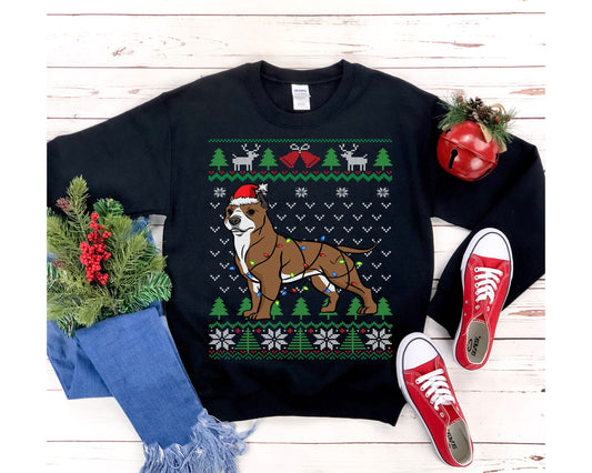 Cute Pitbull Dog Ugly Christmas Sweatshirt, Pit Bull Santa Hat Wrapped in Christmas Lights, Funny Pitbull Dog Lover & Owner Gift Shirt