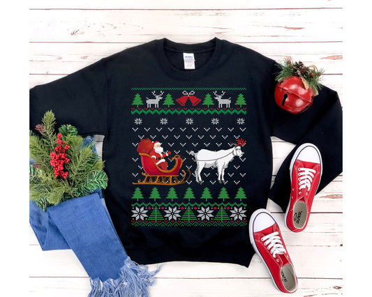 Goat Pulling Santa's Sleigh | Funny Goat Themed Ugly Christmas Sweatshirt | Goat Lover Gift | Christmas Goat Farmer Shirt | Pet Goat Owner