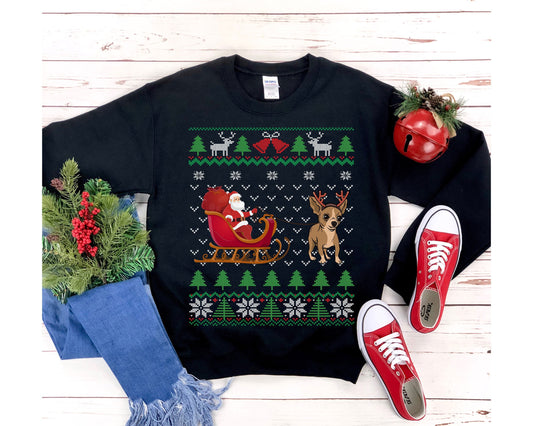 Chihuahua Pulling Santa's Sleigh | Funny Chihuahua Dog Themed Ugly Christmas Sweatshirt | Chihuahua Lover Gift | Chihuahua Owner Shirt
