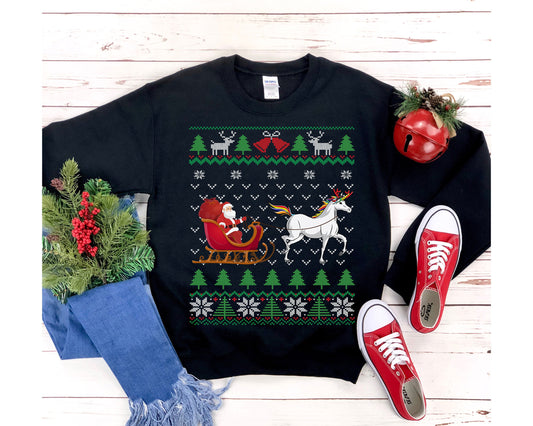 Unicorn Pulling Santa's Sleigh | Funny Unicorn Themed Ugly Christmas Sweatshirt | Unicorn Lover Gift | Christmas Unicorn Shirt