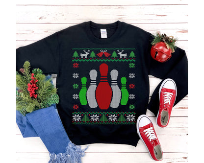 Bowling Pins Ugly Christmas Sweatshirt | Funny Bowling Shirt | Bowler Gift | Matching Holiday Bowling Team | Bowling Mom Dad