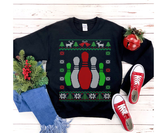 Bowling Pins Ugly Christmas Sweatshirt | Funny Bowling Shirt | Bowler Gift | Matching Holiday Bowling Team | Bowling Mom Dad