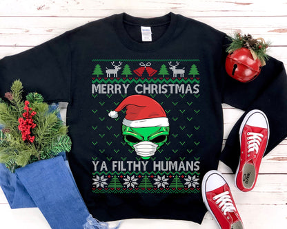 Alien Santa Ugly Christmas Sweatshirt, Merry Christmas Alien Face Mask Shirt, UFO Believer Gift, Conspiracy Theory, Area 51 Clothes Unisex