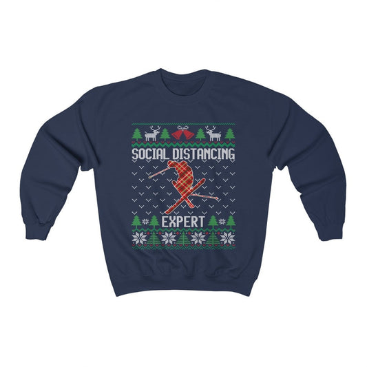 Social Distancing Expert Skiing Ugly Christmas Sweatshirt, Funny Ski Shirt, Skier Gift Ski Lover Unisex Sweatshirt