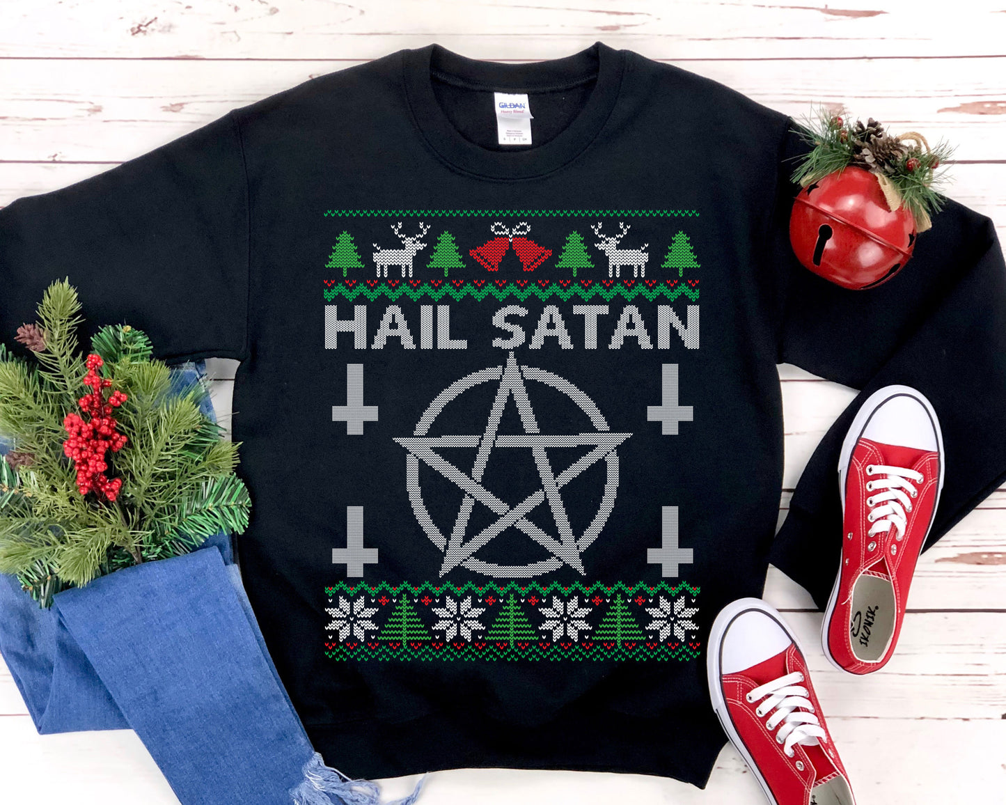 Hail Satan Ugly Christmas Sweatshirt, Funny Pentagram Shirt, Xmas Pagan Clothes, Wicca Shirt, Satanist Gift, Witch Unisex Sweatshirt