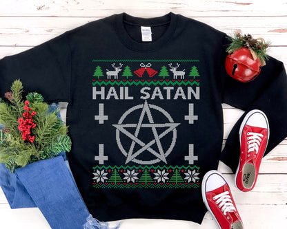 Hail Satan Ugly Christmas Sweatshirt, Funny Pentagram Shirt, Xmas Pagan Clothes, Wicca Shirt, Satanist Gift, Witch Unisex Sweatshirt