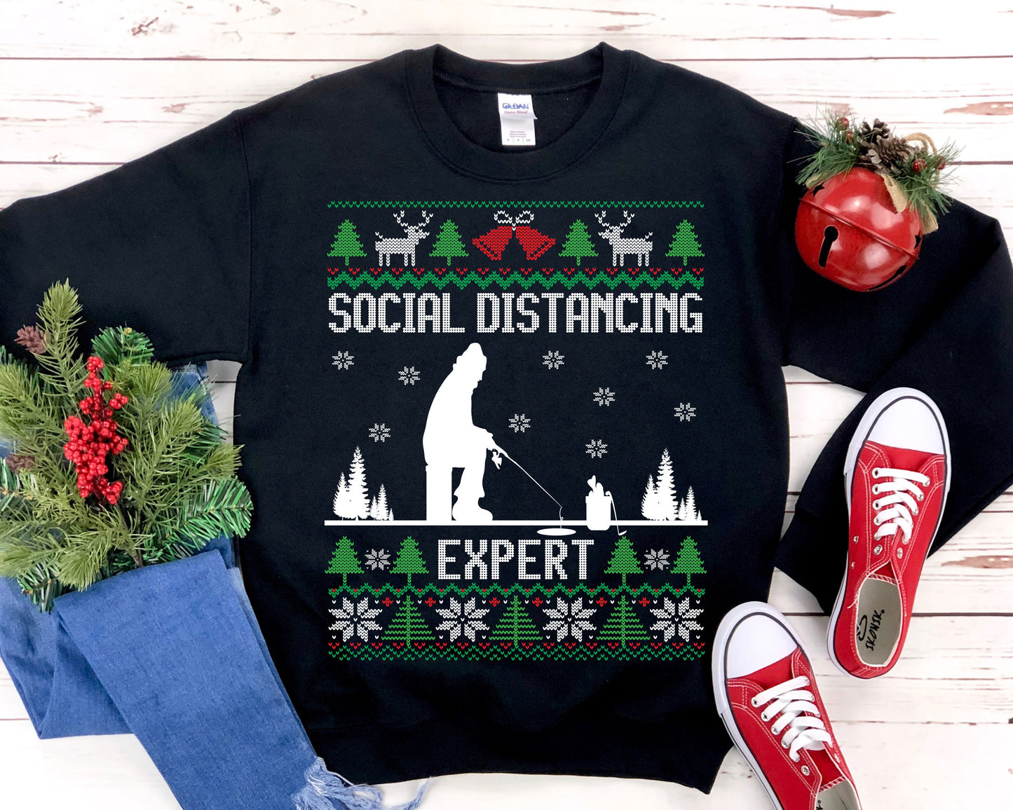 Social Distancing Expert Ice Fishing Ugly Christmas Sweatshirt, Funny Ice Fishing Shirt, Fisherman Gift Unisex Sweatshirt