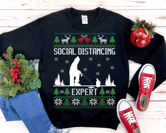 Social Distancing Expert Ice Fishing Ugly Christmas Sweatshirt, Funny Ice Fishing Shirt, Fisherman Gift Unisex Sweatshirt