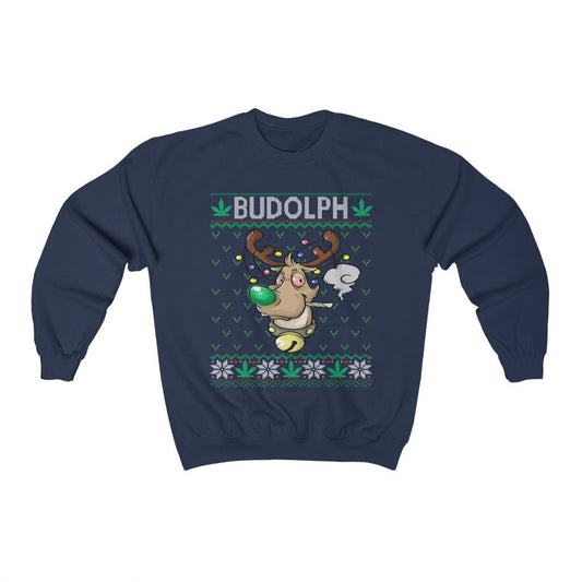 Budolph Weed Smoking Rudolph Ugly Christmas Sweatshirt, Funny Cannabis Shirt, Marijuana Lover Gift, Pot Head Clothes, Stoner Culture
