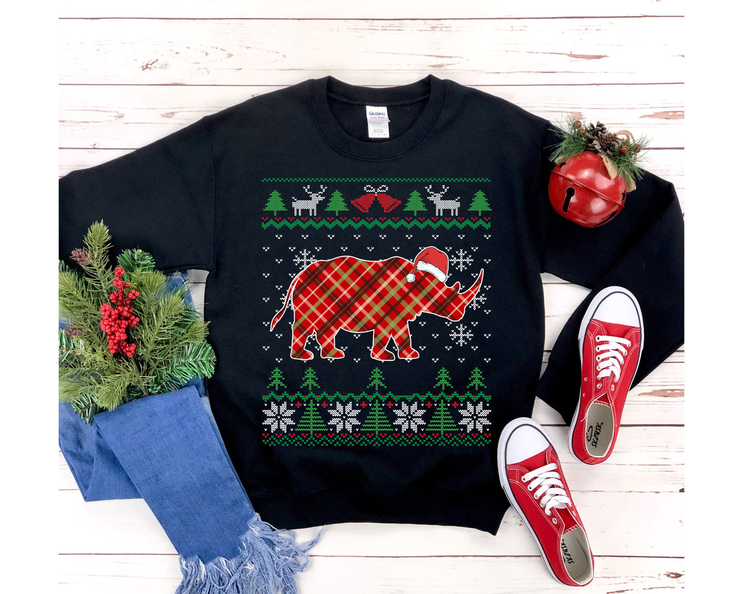 Rhino Santa Claus Ugly Christmas Sweatshirt, Plaid Rhinoceros Shirt, African Rhino Lover Gift Unisex Sweatshirt